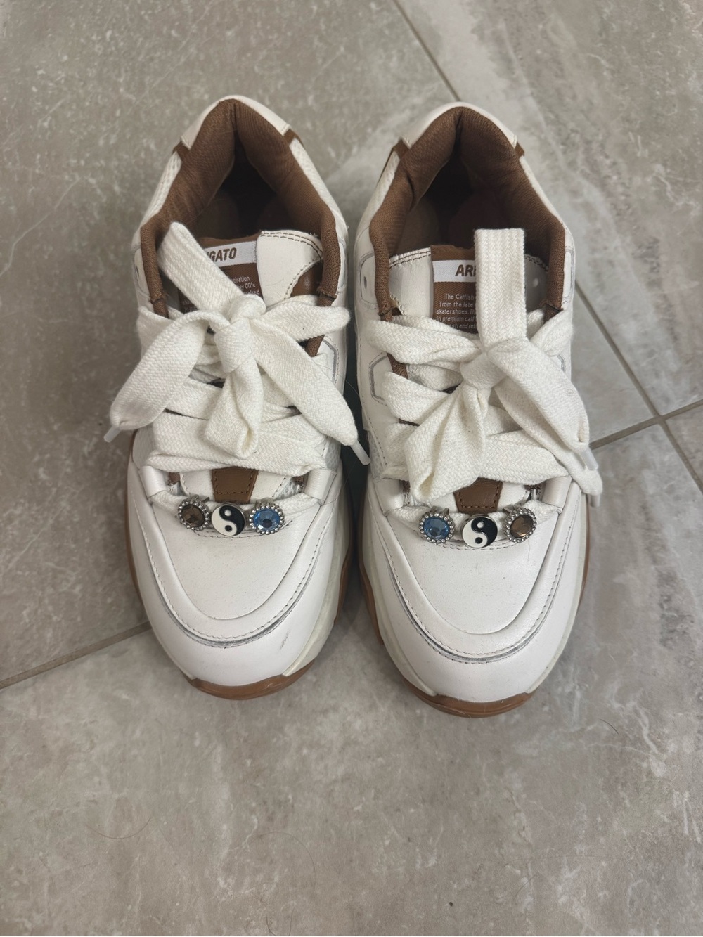 Axel Arigato White and Brown Leather Sneakers with Yin-Yang & Crystal Accents
